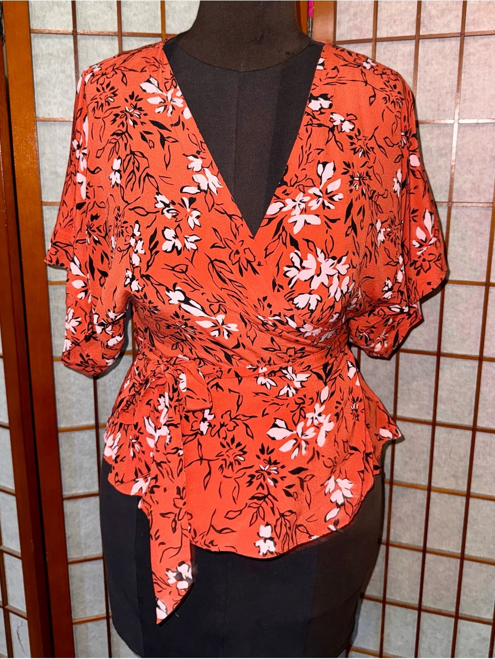 Yumi Kim Silk Coral Floral Wrap Peplum Blouse XL
